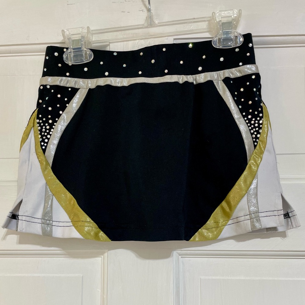 Girls Black Gold White Rhinestone Cheer Skirt Skort Size YM - Picture 2 of 8